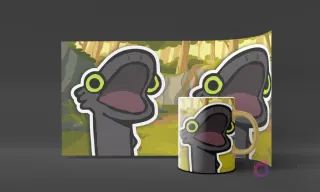 Diseño de un dragón Terrible Terror con boca abierta en un bosque de fondo, en un mockup de taza con el mismo diseño y borde amarillo.