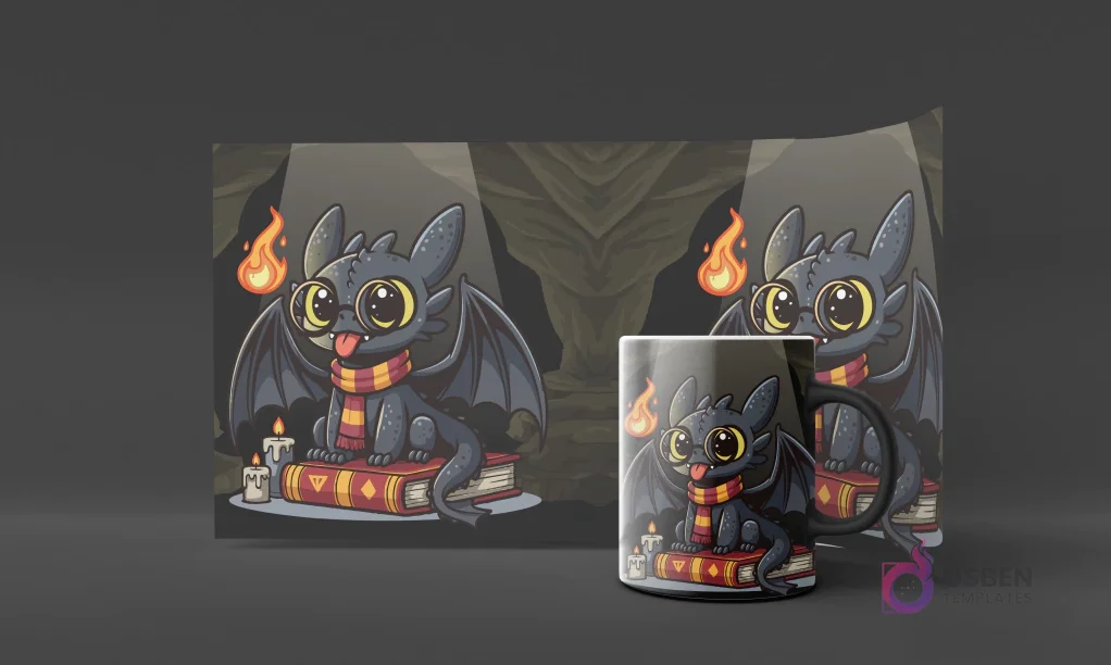 Diseño de un bebé Chimuelo con bufanda y libros, con velas y llamas, en un ambiente que evoca magia, en un mockup de taza negra.