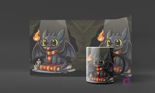 Diseño de un bebé Chimuelo con bufanda y libros, con velas y llamas, en un ambiente que evoca magia, en un mockup de taza negra.