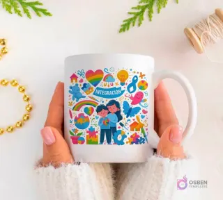 Manos sujetando una taza blanca con ilustración de personajes abrazándose, rodeados de símbolos de autismo y la palabra 'INTEGRACIÓN'. Detalles de arcoíris y casa.