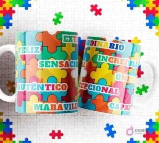 Dos tazas blancas con diseños de autismo sobre un fondo de piezas de puzzle. Ambas con múltiples palabras positivas como 'FELIZ, SENSACIONAL, AUTÉNTICO, MARAVILLOSO, INCREÍBLE, ÚNICO, EXCEPCIONAL, CAPAZ'.