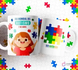 Dos tazas blancas con diseños de autismo sobre un fondo de piezas de puzzle. Una con 'DÍA MUNDIAL DEL AUTISMO 2 DE ABRIL' y una niña, la otra 'SER AUTÉNTICO' y un corazón de puzzle.