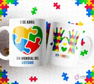 Dos tazas blancas con diseños de autismo sobre un fondo de piezas de puzzle. Una con '2 DE ABRIL DÍA MUNDIAL DEL AUTISMO' y un corazón de puzzle, la otra con manos formando un corazón de puzzle y 'SER INCREÍBLE'.