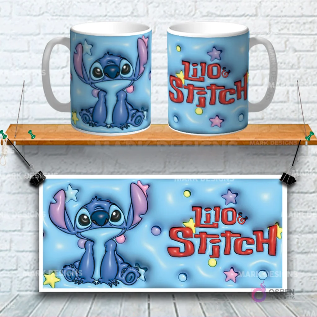 Taza sublimada con diseño 3D de Lilo y Stitch sobre fondo azul con estrellas