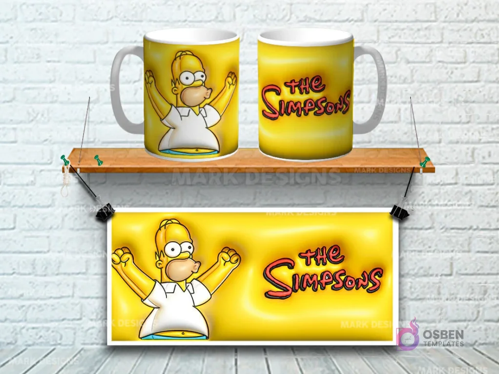Taza sublimada con diseño 3D de Homer Simpson feliz sobre fondo amarillo con logo Los Simpsons