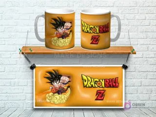 Taza sublimada con diseño 3D de Goku niño de Dragon Ball Z volando en nube, fondo naranja