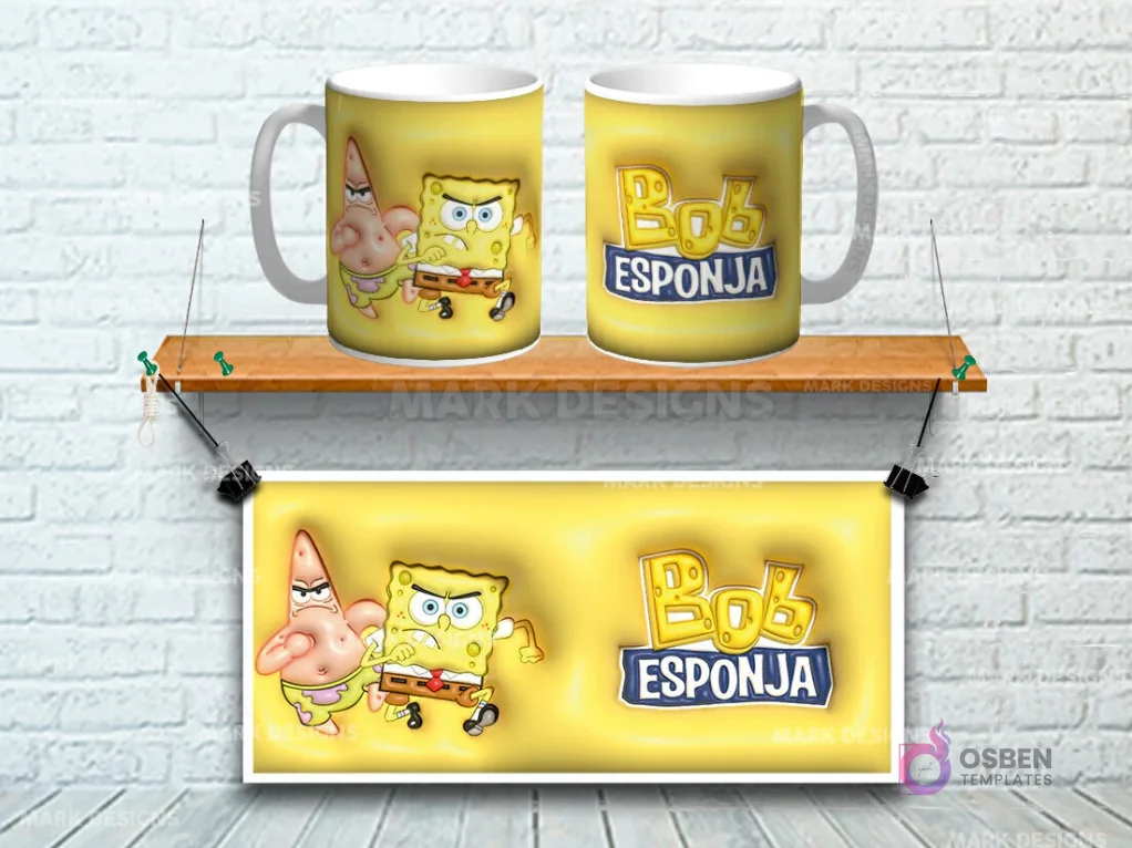 Taza sublimada con diseño 3D de Bob Esponja y Patricio Estrellas sobre fondo amarillo con logo
