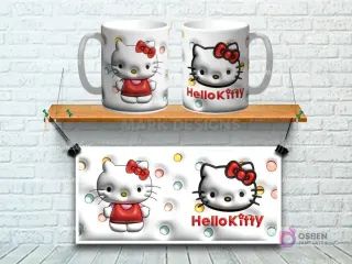 Taza sublimada con diseño 3D de Hello Kitty con vestido rojo, fondo blanco con círculos de colores