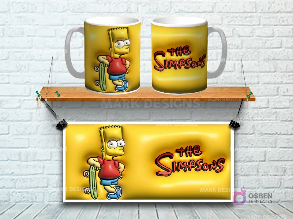 Taza sublimada con diseño 3D de Bart Simpson con skate sobre fondo amarillo con logo Los Simpsons