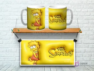 Taza sublimada con diseño 3D de Lisa Simpson bailando sobre fondo amarillo con logo Los Simpsons