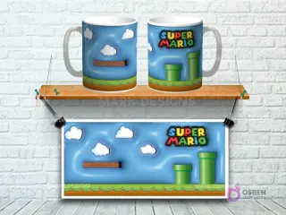 Taza sublimada con diseño 3D del nivel de Super Mario Bros con nubes, ladrillos y tuberías