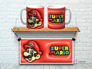 Taza sublimada con diseño 3D de la cara de Super Mario Bros sobre fondo rojo vibrante