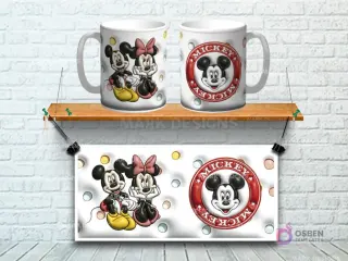 Taza sublimada con diseño 3D de Mickey y Minnie Mouse clásicos, fondo blanco con puntos de color