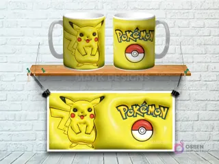 Taza sublimada con diseño 3D de Pikachu sonriente con Pokebola sobre fondo amarillo
