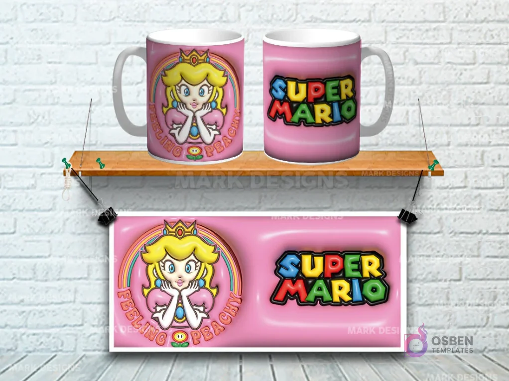 Taza sublimada con diseño 3D de la Princesa Peach de Super Mario con arcoíris, fondo rosa