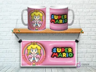 Taza sublimada con diseño 3D de la Princesa Peach de Super Mario con arcoíris, fondo rosa