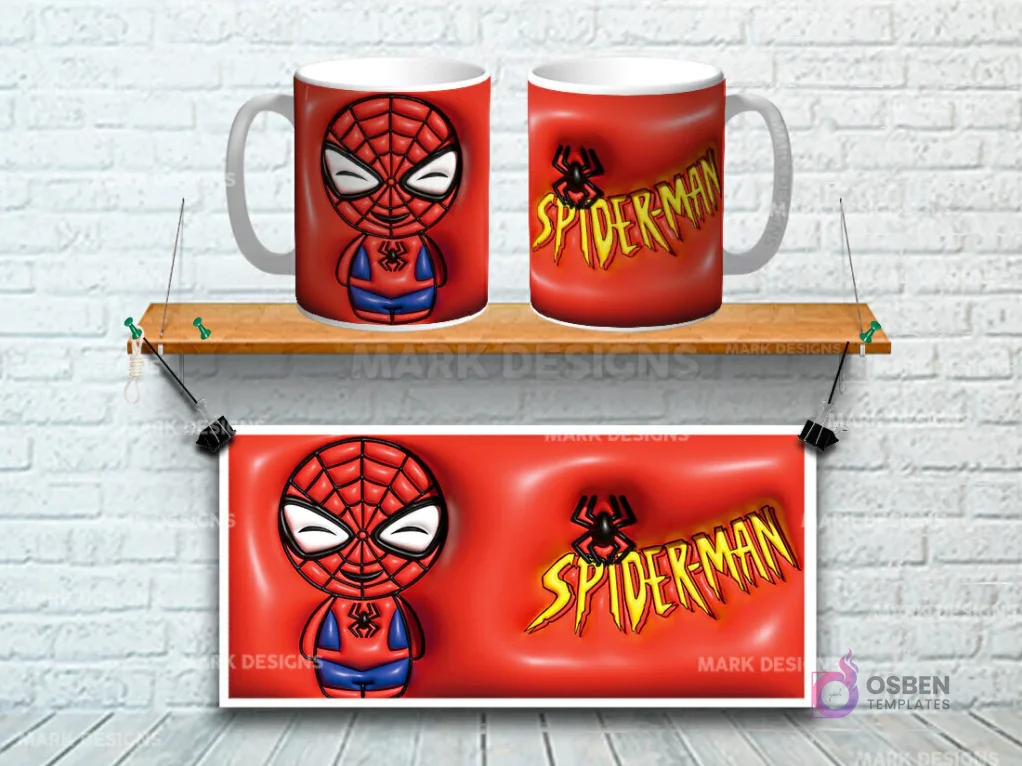 Taza sublimada con diseño 3D de Spiderman estilo chibi con su logo sobre fondo rojo