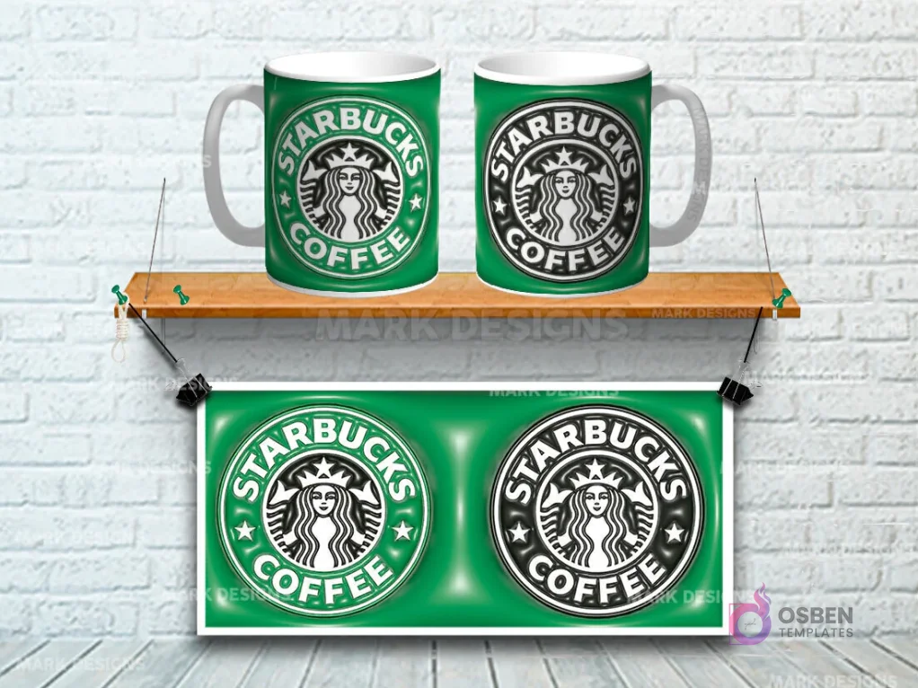 Taza sublimada con diseño 3D del logo de Starbucks Coffee en verde y blanco y negro