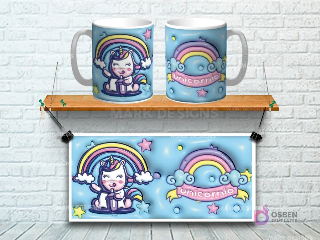 Taza sublimada con diseño 3D de unicornio kawaii con arcoíris y estrellas sobre fondo azul