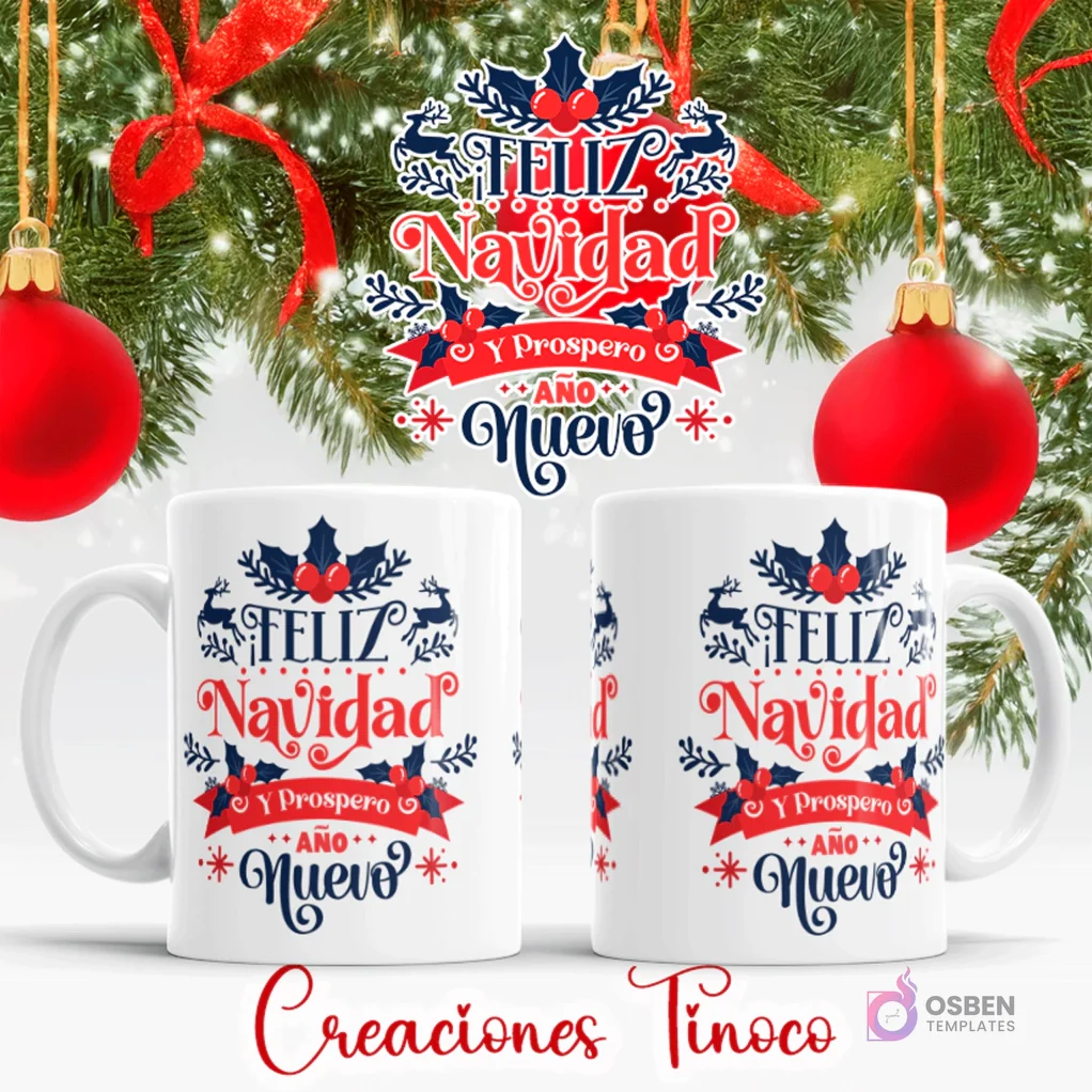 Taza sublimada con diseño navideño de texto 'Feliz Navidad y Próspero Año Nuevo' en azul y rojo, con acebo y lazos festivos.