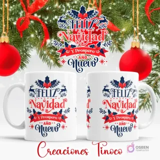 Taza sublimada con diseño navideño de texto 'Feliz Navidad y Próspero Año Nuevo' en azul y rojo, con acebo y lazos festivos.