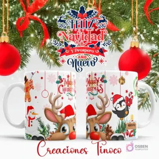 Taza sublimada con diseño de personajes navideños: reno animado, muñeco de nieve, hombre de jengibre y pingüino con gorro de Santa.