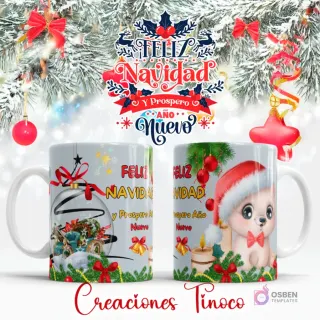 Taza sublimada con diseño de cachorro blanco con gorro navideño y escena dentro de adorno transparente con velas y luces festivas.