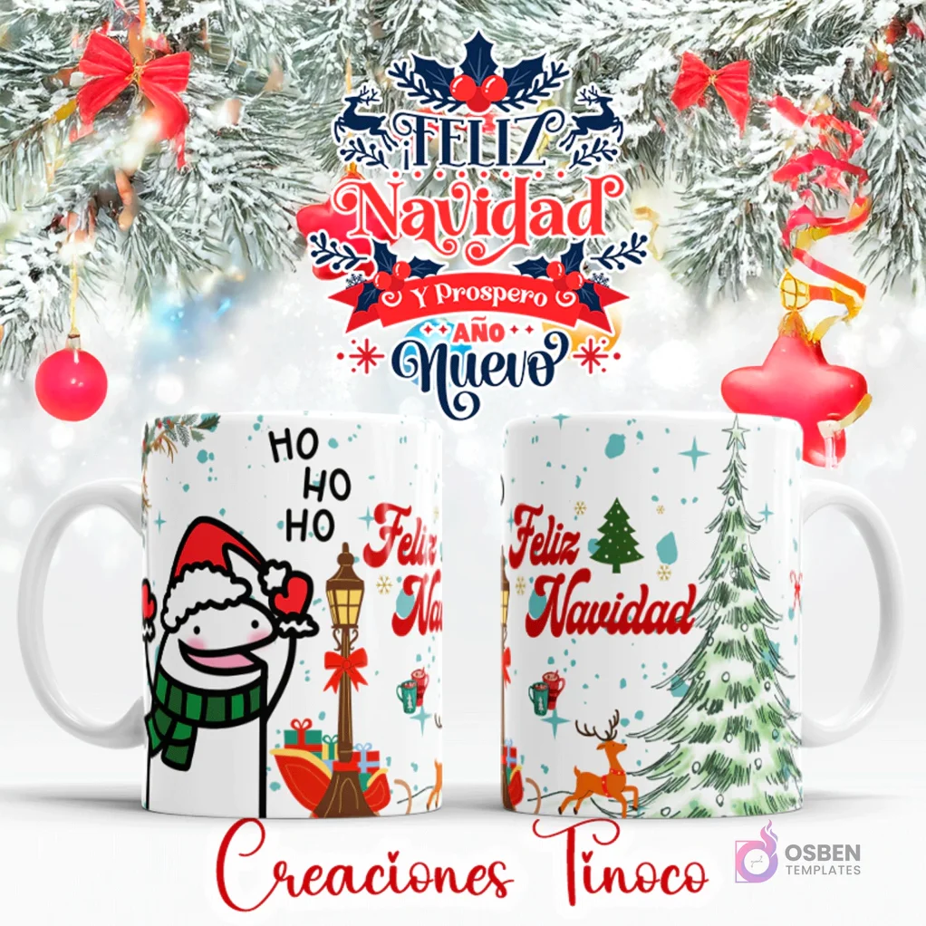 Taza sublimada con diseño del personaje Flork con gorro de Santa, regalos, farol, árbol de Navidad y siluetas de renos.