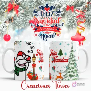 Taza sublimada con diseño del personaje Flork con gorro de Santa, regalos, farol, árbol de Navidad y siluetas de renos.