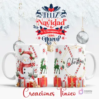 Taza sublimada con diseño de muñeco de nieve con bufanda roja, bastones de caramelo, regalos y galletas de jengibre.