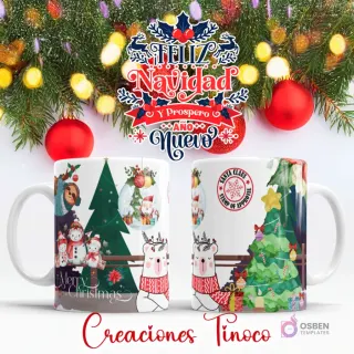 Taza sublimada con diseño de oso polar con bufanda, perezosos, árboles de Navidad, regalos y sello de Santa Claus.