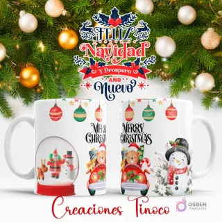 Taza sublimada con diseño de bola de nieve navideña con Santa y muñeco, coche antiguo con regalos, oso y esferas de colores.