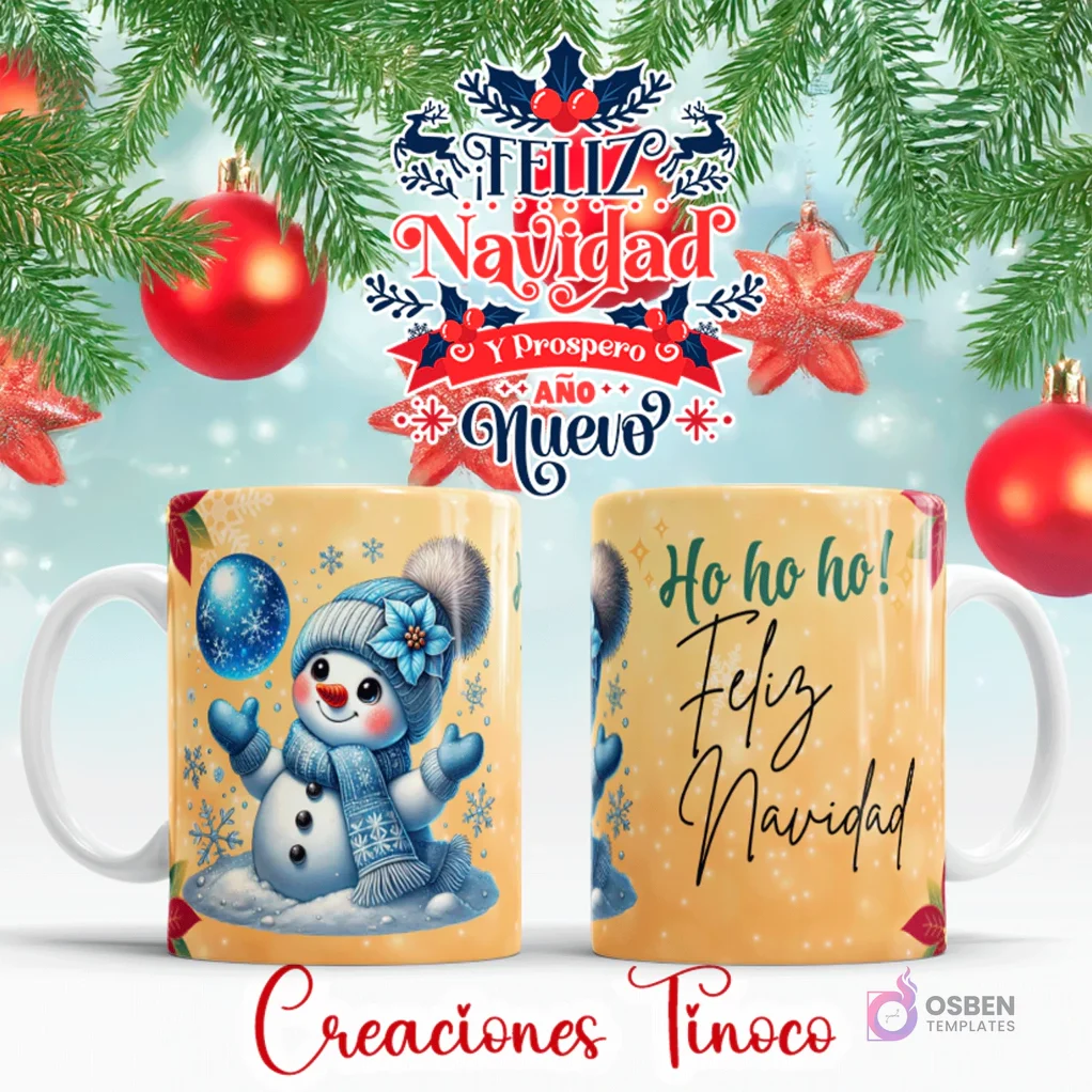 Taza sublimada con diseño de muñeco de nieve vestido de azul, copos de nieve y texto 'Ho ho ho! Feliz Navidad' sobre fondo amarillo cálido.