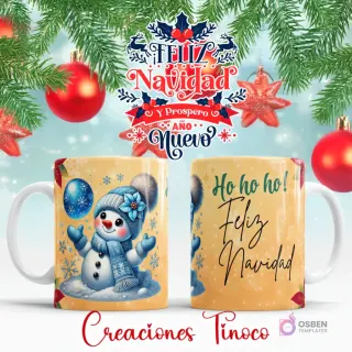 Taza sublimada con diseño de muñeco de nieve vestido de azul, copos de nieve y texto 'Ho ho ho! Feliz Navidad' sobre fondo amarillo cálido.