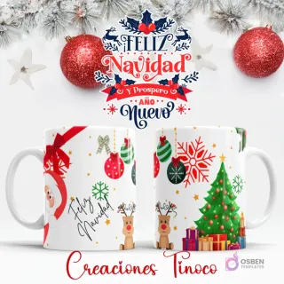 Taza sublimada con diseño de Santa Claus asomándose, árbol de Navidad, regalos, renos, copos de nieve y esferas decorativas.