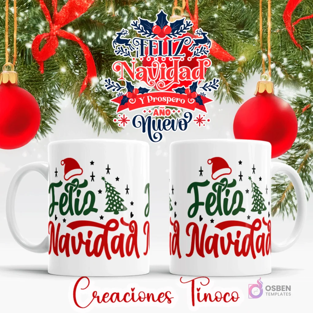Taza sublimada con diseño de texto 'Feliz Navidad' en verde y rojo, pequeño árbol de Navidad, gorro de Santa y copos de nieve.