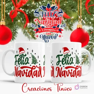Taza sublimada con diseño de texto 'Feliz Navidad' en verde y rojo, pequeño árbol de Navidad, gorro de Santa y copos de nieve.