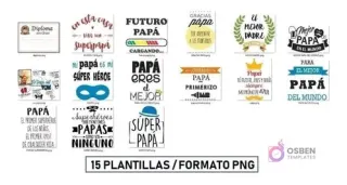 Cuadrícula mostrando los 15 diseños únicos en formato PNG para sublimación de cojines del Día del Padre, incluyendo frases como 'Superhéroe', 'Mejor Padre', 'Futuro Papá'.