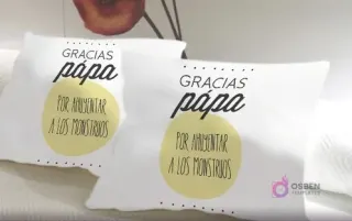 Pareja de cojines blancos sublimados con el mensaje humorístico 'Gracias papá por alimentar a los monstruos' en un círculo amarillo y letras negras, divertido regalo para padres.