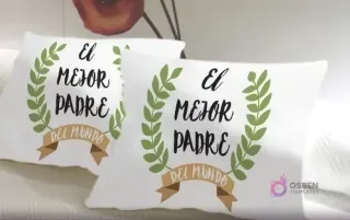 Cojines blancos con un diseño sublimado que reza 'El mejor padre del mundo' enmarcado por laureles verdes y una cinta marrón, ideal para reconocer a papá.