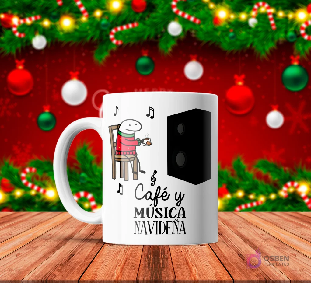 Taza de sublimación blanca con Flork sentado en una silla bebiendo café junto a un parlante y notas musicales, texto 'Café y MÚSICA NAVIDEÑA' con fondo festivo rojo.