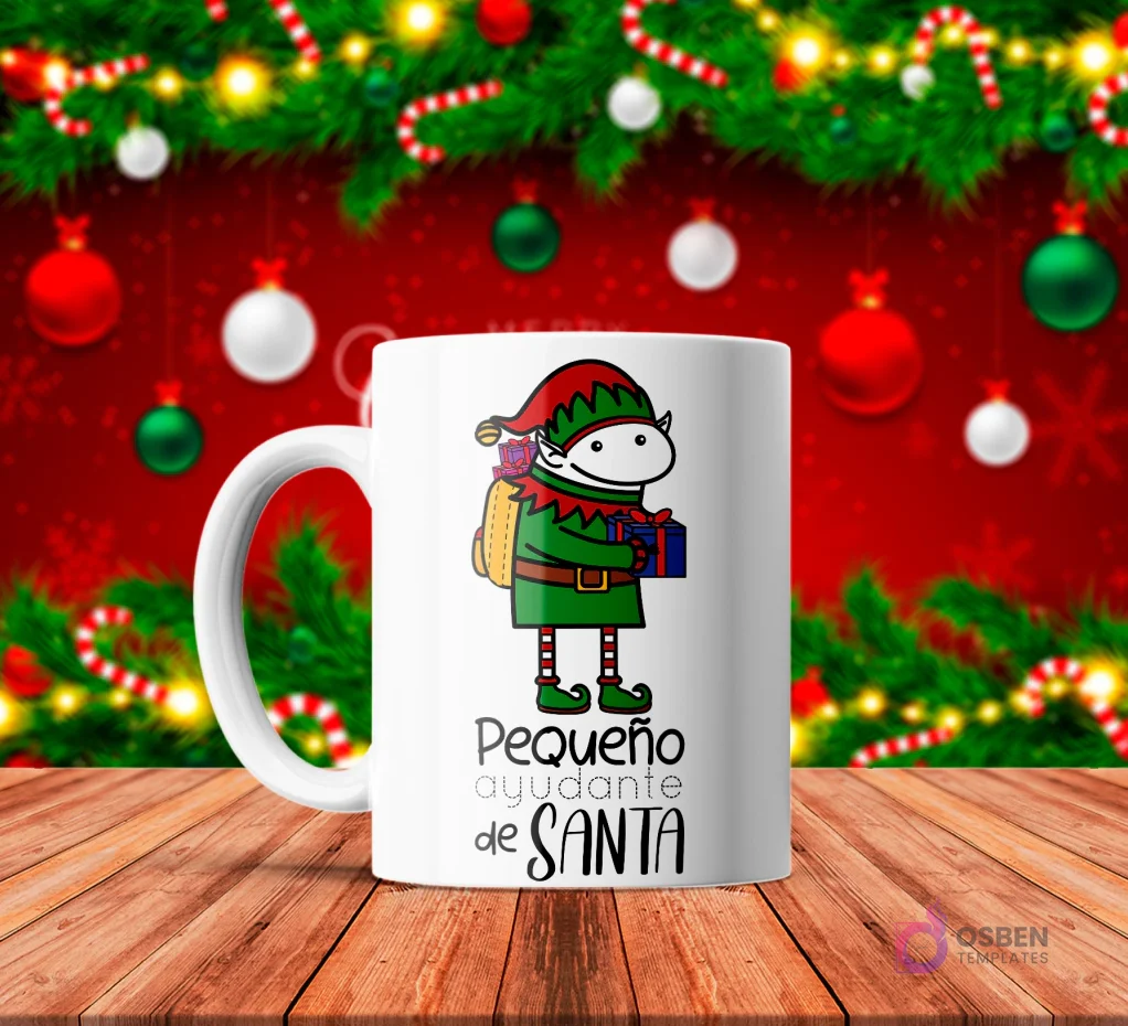Taza de sublimación blanca con Flork disfrazado de elfo navideño, llevando una mochila y un regalo, texto 'Pequeño ayudante de SANTA' con fondo rojo festivo.