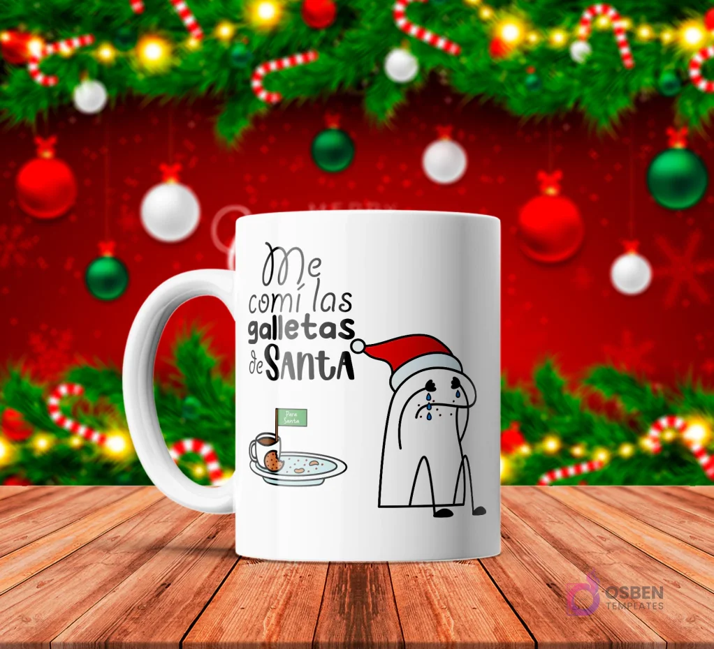 Taza de sublimación blanca con Flork llorando con gorro de Santa, junto a un plato de galletas mordidas y un letrero 'Para Santa', texto 'Me comí las galletas de SANTA' con fondo navideño.