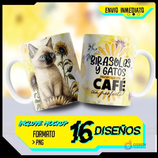 Mockup de dos tazas sublimadas con diseños de gatitos y girasoles, resaltando texto 'ENVÍO INMEDIATO' y '16 DISEÑOS PNG'.