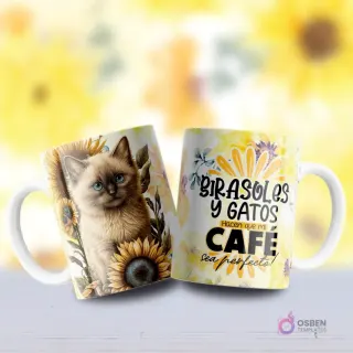 Mockup de dos tazas, una con diseño de gato siamés de ojos azules entre girasoles y otra con frase 'GIRASOLES Y GATOS HACEN QUE MI CAFÉ SEA PERFECTO'.