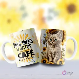 Mockup de dos tazas, una con diseño de gatito persa claro de ojos verdes entre girasoles y otra con frase 'GIRASOLES Y GATOS HACEN QUE MI CAFÉ SEA PERFECTO'.