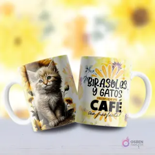 Mockup de dos tazas, una con diseño de gatito atigrado naranja de ojos verdes entre girasoles y otra con frase 'GIRASOLES Y GATOS HACEN QUE MI CAFÉ SEA PERFECTO'.