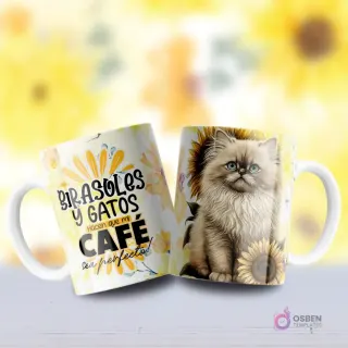 Mockup de dos tazas, una con diseño de gatito esponjoso de ojos azules entre girasoles y otra con frase 'GIRASOLES Y GATOS HACEN QUE MI CAFÉ SEA PERFECTO'.