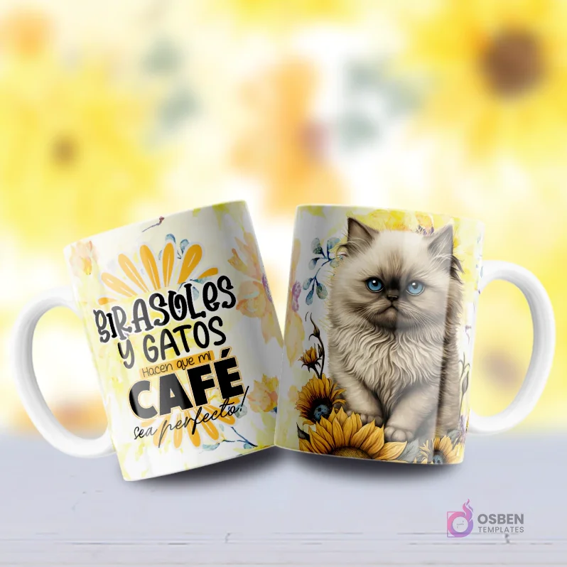 Mockup de dos tazas, una con diseño de gatito persa claro de ojos azules brillantes entre girasoles y otra con frase 'GIRASOLES Y GATOS HACEN QUE MI CAFÉ SEA PERFECTO'.