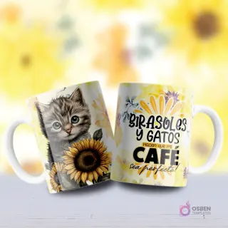 Mockup de dos tazas, una con diseño de gatito atigrado gris de ojos verdes entre girasoles y otra con frase 'GIRASOLES Y GATOS HACEN QUE MI CAFÉ SEA PERFECTO'.